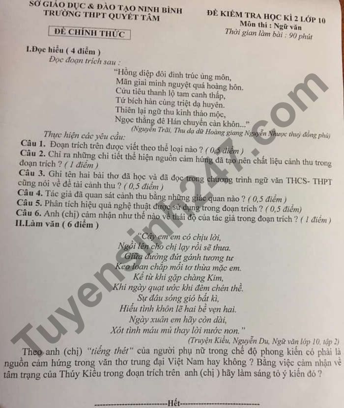 De thi hoc ki 2 lop 10 mon Van - THPT Quyet Tam 2021