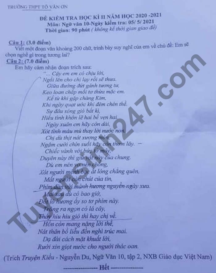De thi hoc ki 2 lop 10 mon Van 2021 - THPT To Van On