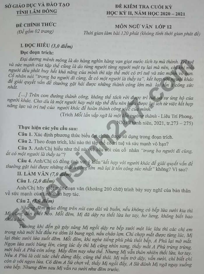 De thi ki 2 nam 2021 tinh Lam Dong lop 12 mon Van