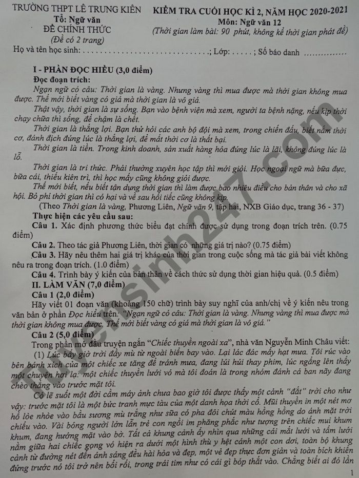 De thi cuoi ki 2 nam 2021 THPT Le Trung Kien lop 12 mon Van