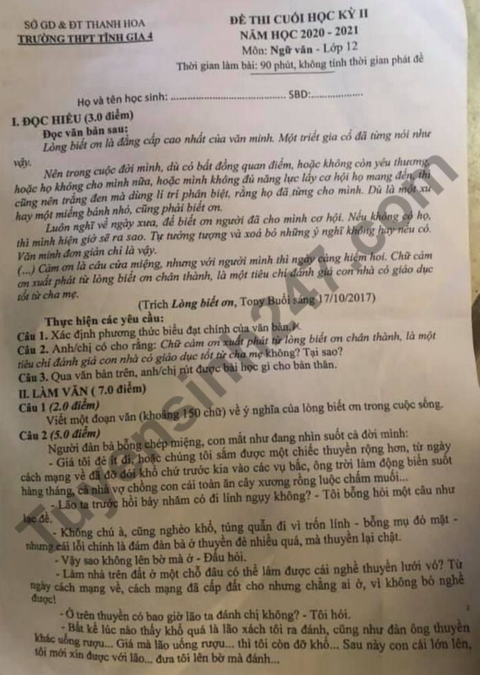 De thi hoc ki 2 lop 12 mon Van 2021 - THPT Tinh Gia 4