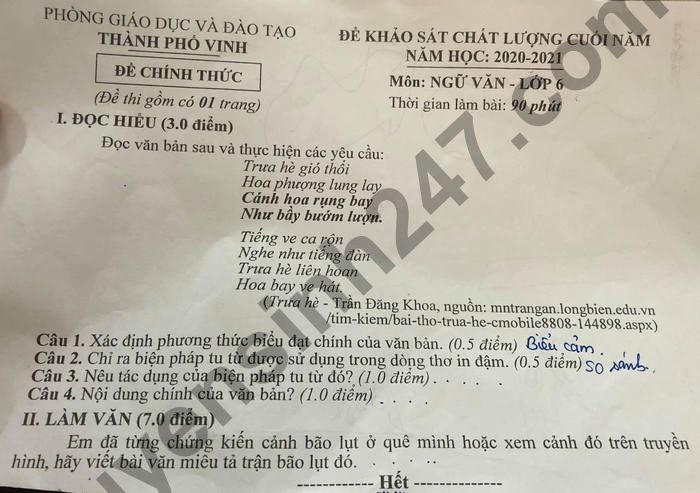 De thi hoc ki 2 lop 6 mon Van - TP Vinh 2021