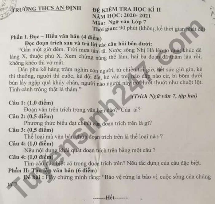 De thi hoc ki 2 mon Van lop 7 - THCS An Dinh 2021