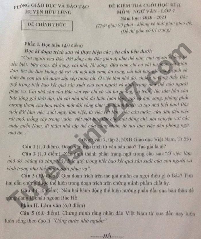 De thi cuoi ki 2 nam 2021 Huyen Huu Lung lop 7 mon Van