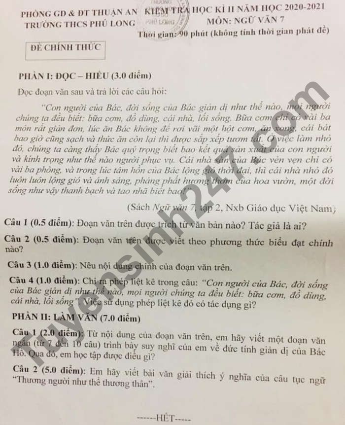 De thi ki 2 nam 2021 THCS Phu Long lop 7 mon Van