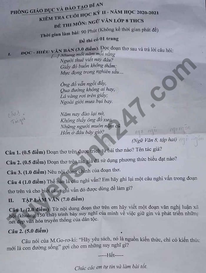 De thi hoc ki 2 lop 8 mon Van 2021 - Phong GD Di An