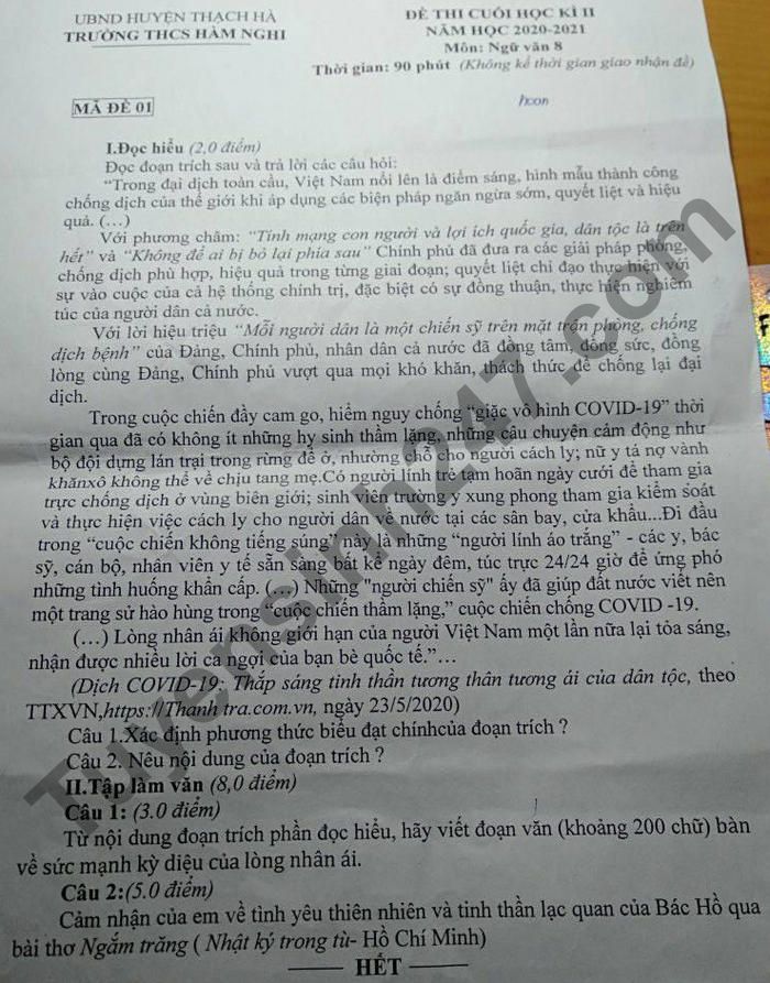 De thi hoc ki 2 mon Van lop 8 - THCS Ham Nghi 2021