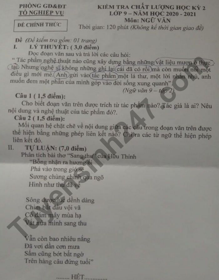 De thi hoc ki 2 lop 9 mon Van - THCS Chau Thanh A 2021