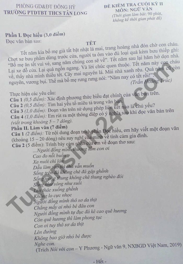 De thi hoc ki 2 mon Van lop 9 - PTDTBT THCS Tan Long 2021