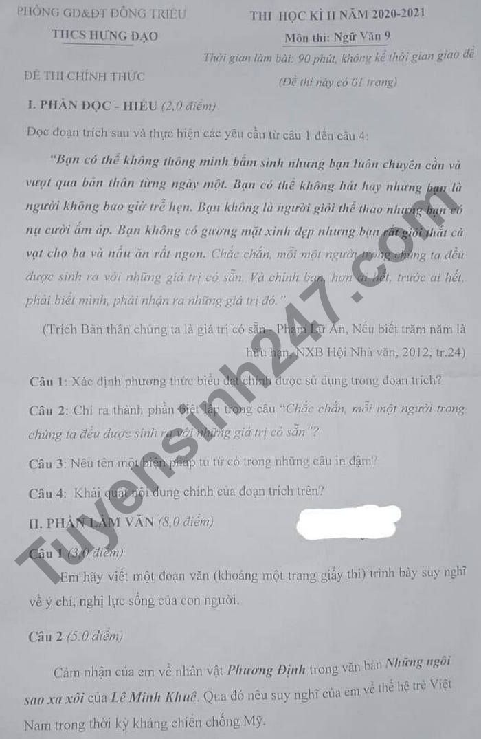 De thi hoc ki 2 lop 9 mon Van - THCS Hung Dao 2021