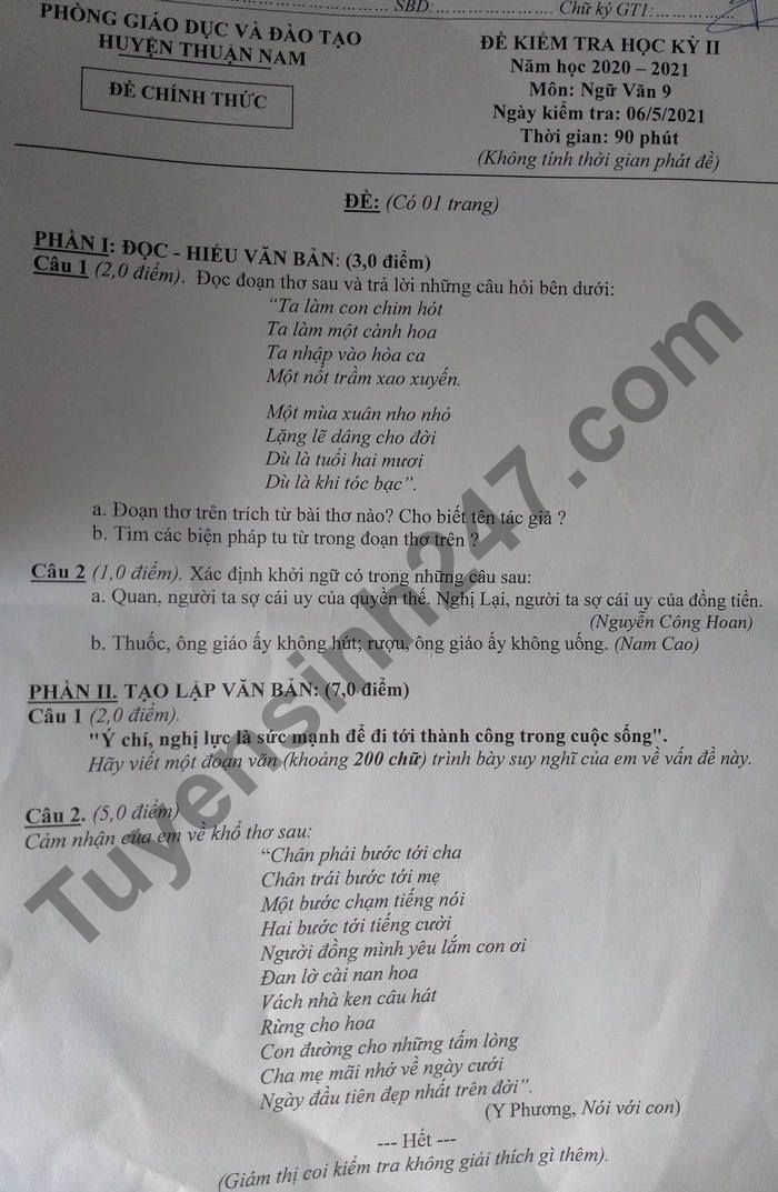 De thi hoc ki 2 nam 2021 Huyen Thuan Nam lop 9 mon Van