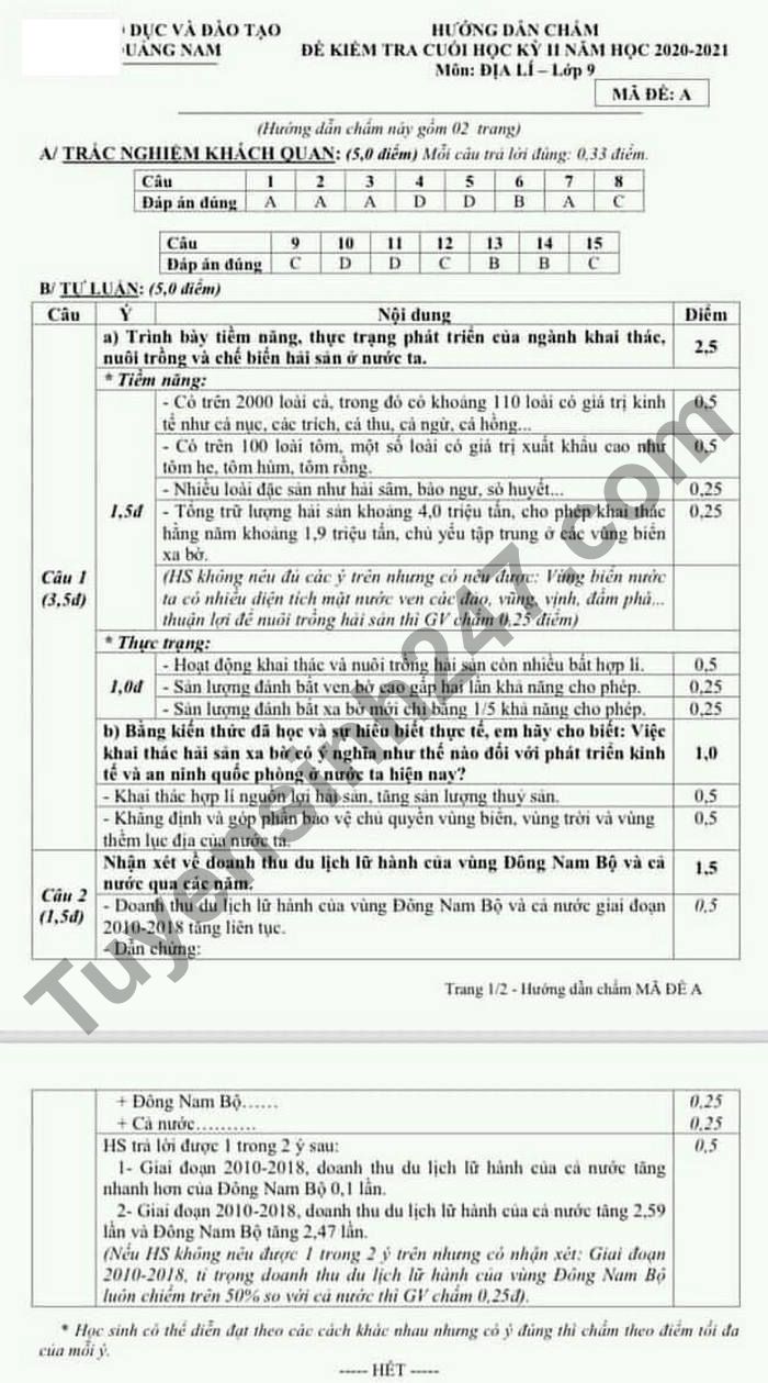 De thi hoc ki 2 lop 9 mon Dia - tinh Quang Nam 2021 (co dao an)