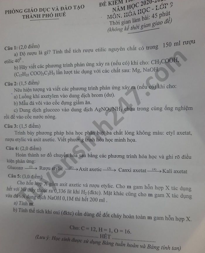 De thi hoc ki 2 mon Hoa lop 9 nam 2021 Phong GD TP Hue