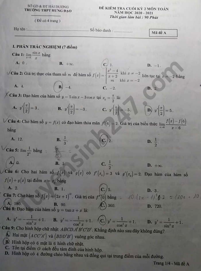 De thi hoc ki 2 mon Toan lop 11 nam 2021 THPT Hung Dao