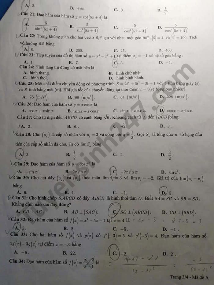 De thi hoc ki 2 mon Toan lop 11 nam 2021 THPT Hung Dao