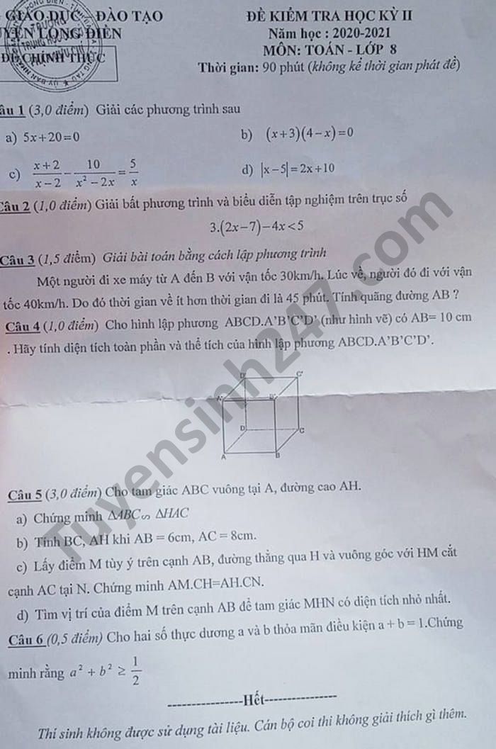 De thi hoc ki 2 nam 2021 mon Toan lop 8 huyen Long Dien