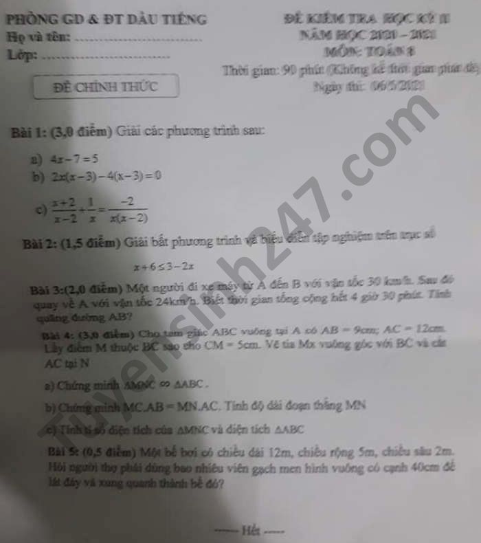 De thi hoc ki 2 nam 2021 mon Toan lop 8 Phong GD Dau Tieng