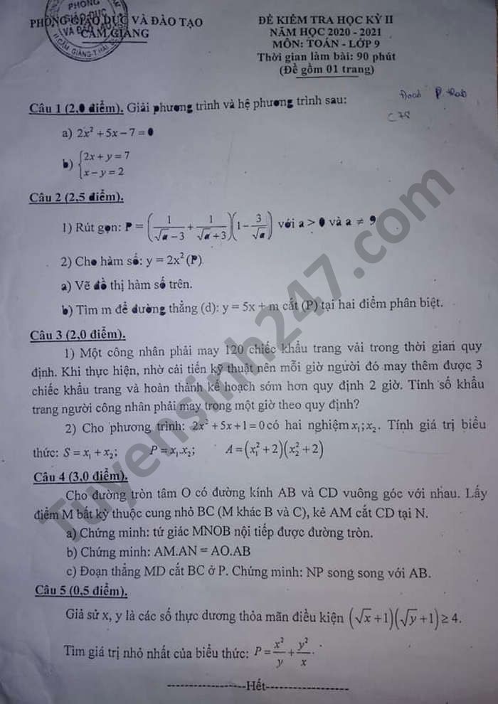 De thi hoc ki 2 Phong GD Cam Giang nam 2021 mon Toan lop 9