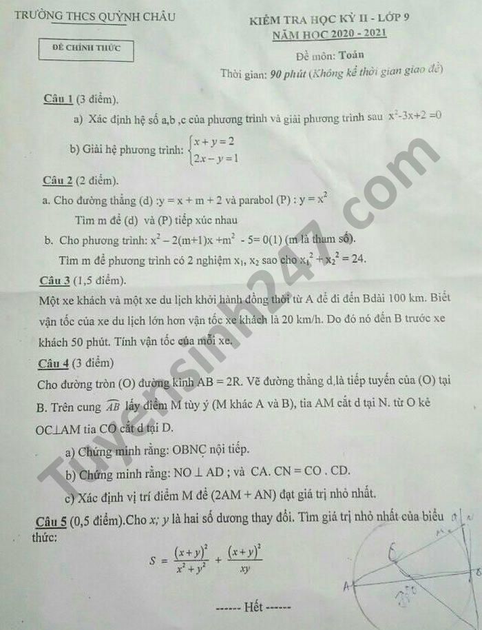 De thi hoc ki 2 nam 2021 THCS Quynh Chau mon Toan lop 9