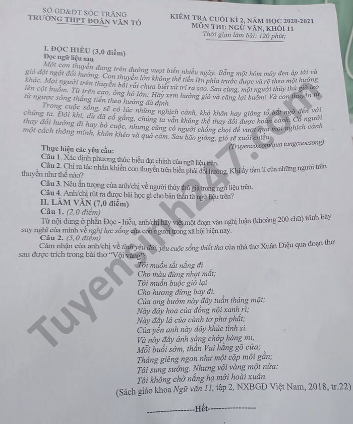 De thi hoc ki 2 nam 2021 THPT Doan Van To mon Van lop 11