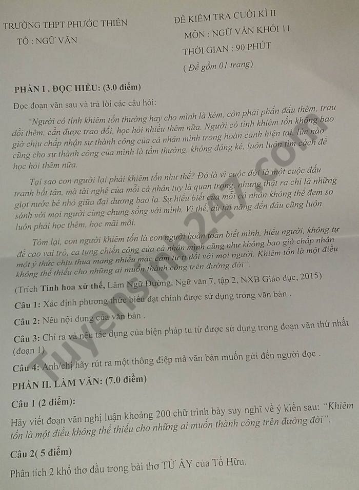 De thi hoc ki 2 nam 2021 mon Van lop 11 THPT Phuoc Thien