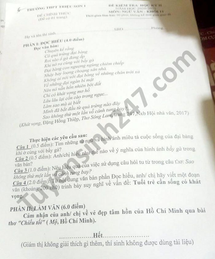 De thi hoc ki 2 nam 2021 mon Van lop 11 THPT Trieu Son 1
