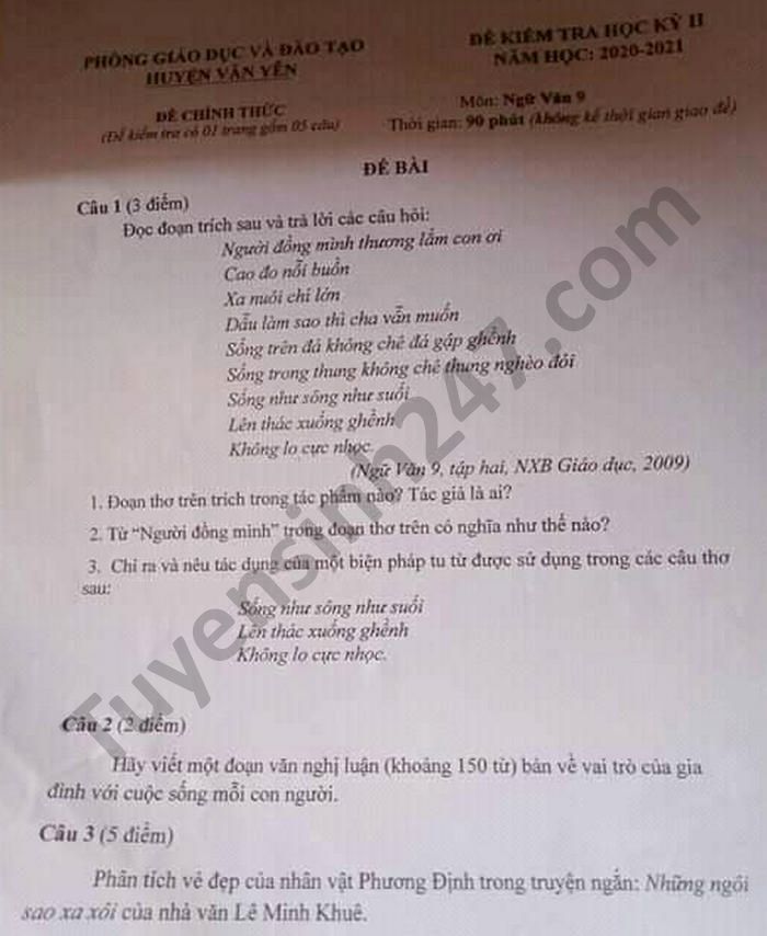 De thi hoc ki 2 mon Van lop 9 huyen Van Yen nam 2021