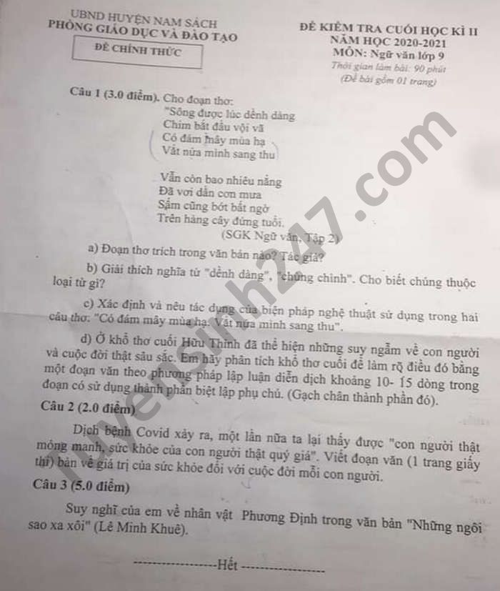 De thi hoc ki 2 nam 2021 huyen Nam Sach mon Van lop 9