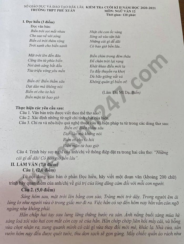 De thi hoc ki 2 mon Van lop 12 nam 2021 THPT Phu Xuan