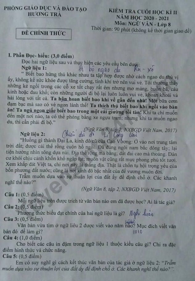 De thi ki 2 mon Van lop 8 nam 2021 - Phong GD Huong Tra