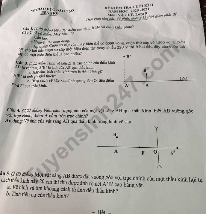 De thi ki 2 lop 9 mon Ly 2021 - So GD Ben Tre