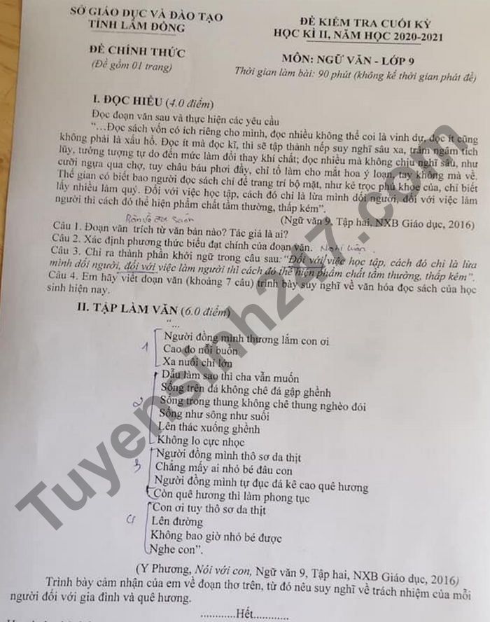 De thi hoc ki 2 mon Van lop 9 - Tinh Lam Dong 2021