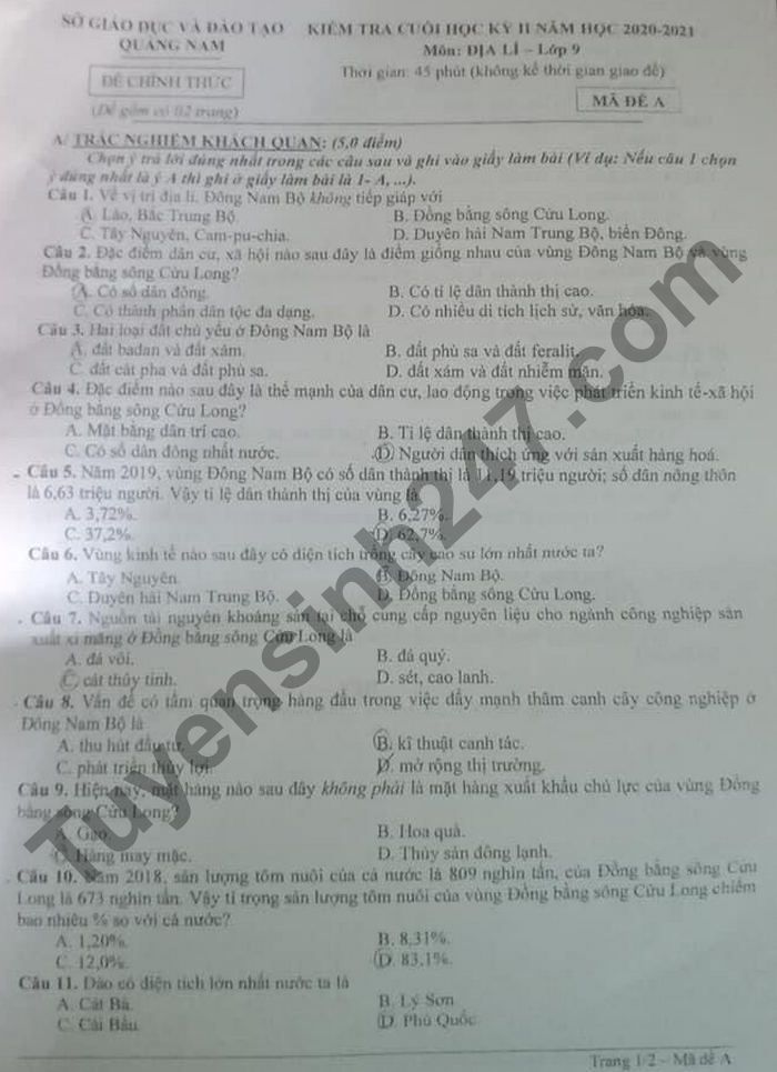 De thi hoc ki 2 lop 9 mon Dia - tinh Quang Nam 2021 (co dao an)