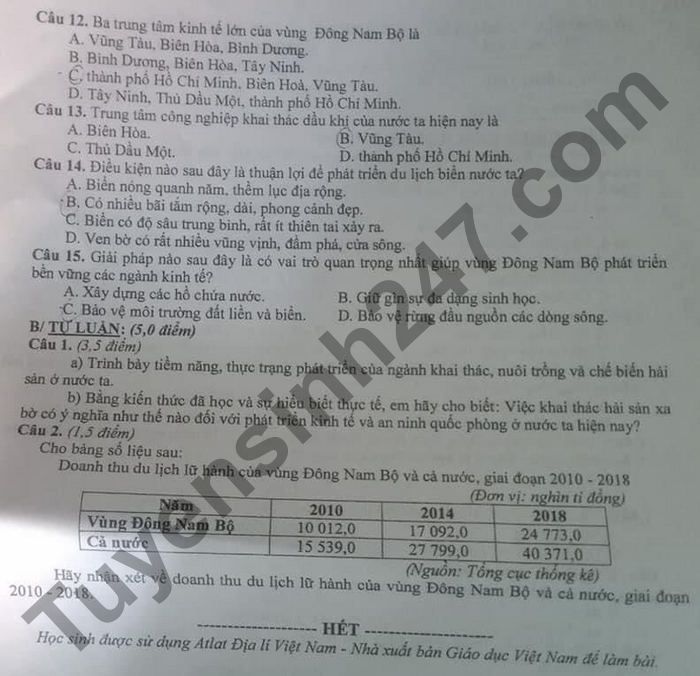 De thi hoc ki 2 lop 9 mon Dia - tinh Quang Nam 2021 (co dao an)