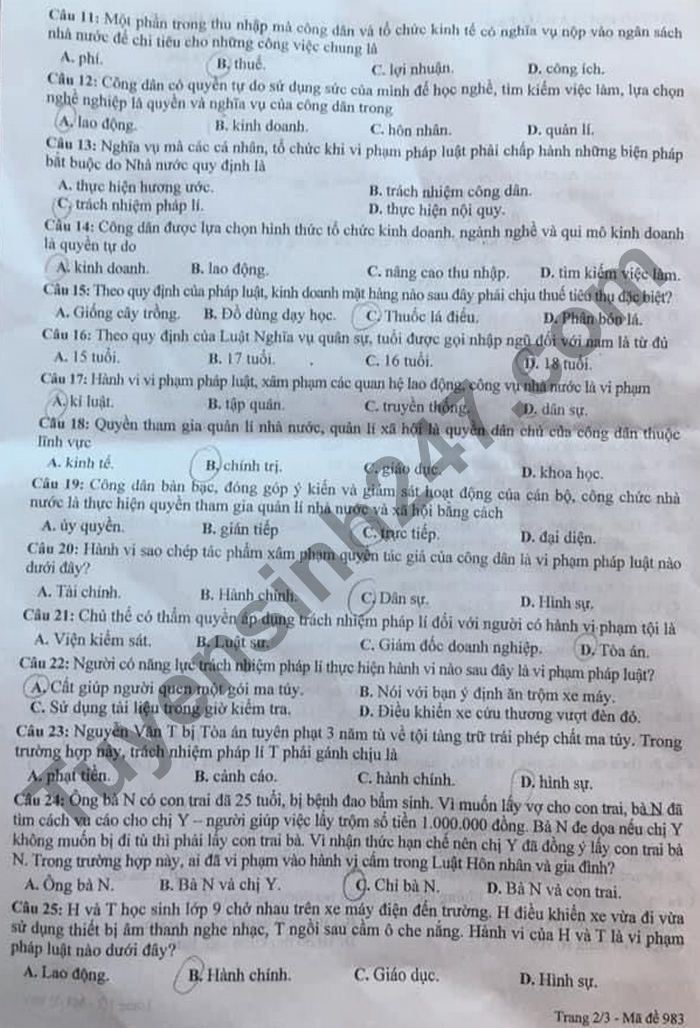 De thi cuoi ki 2 nam 2021 tinh Bac Giang lop 9 mon GDCD