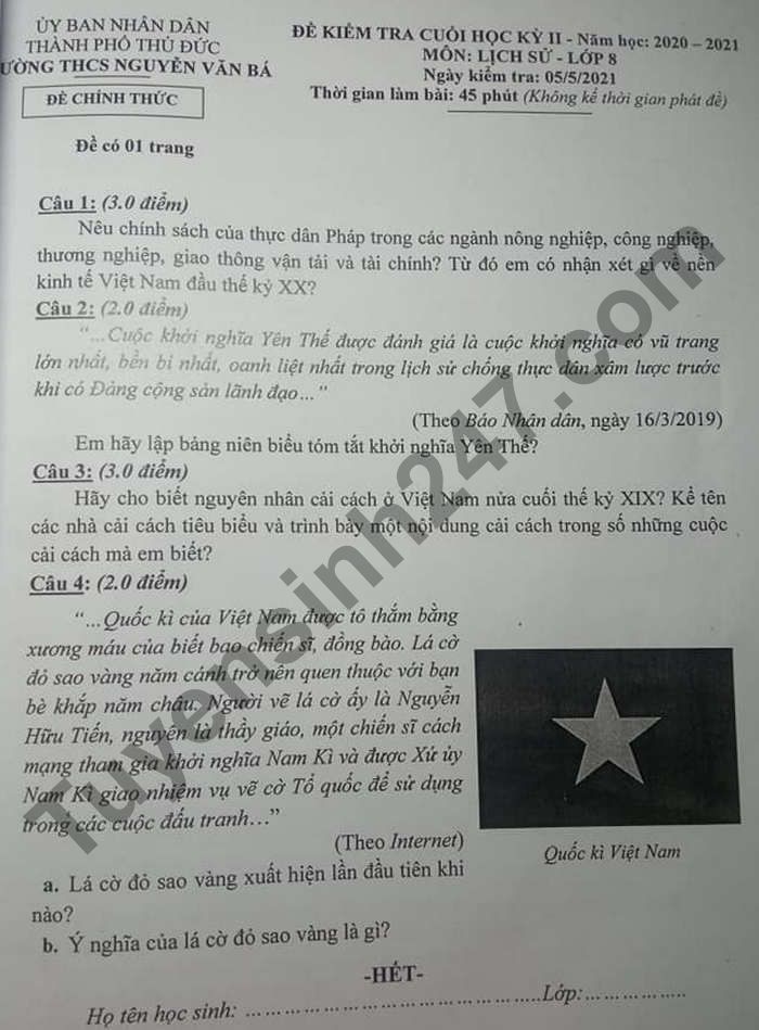 De thi hoc ki 2 lop 8 mon Su 2021 - THCS Nguyen Van Ba