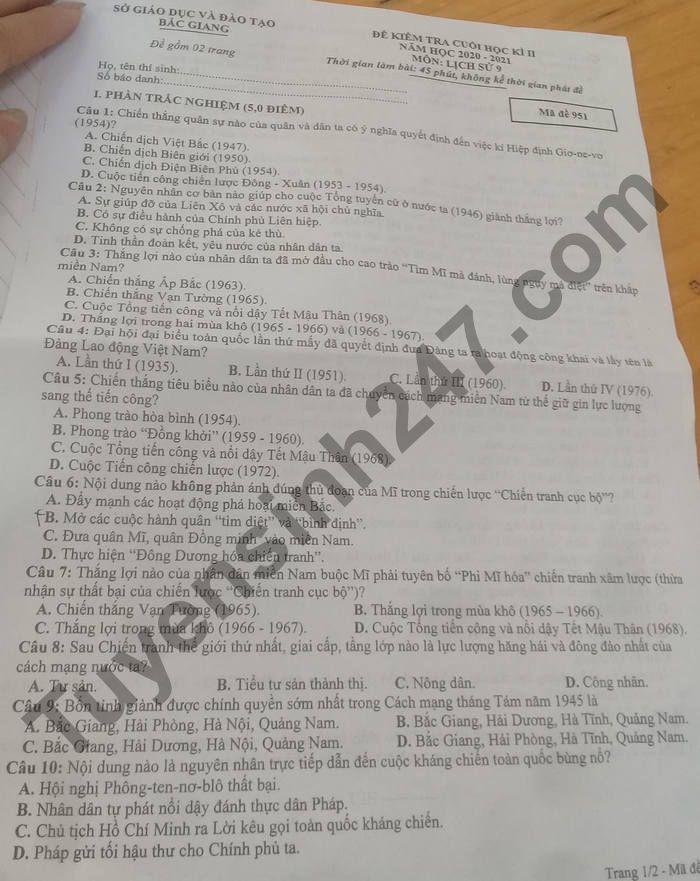 De thi hoc ki 2 mon Su lop 9 - tinh Bac Giang 2021