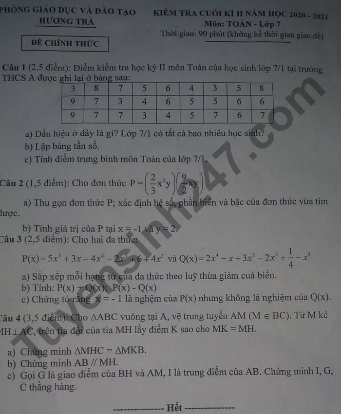 De thi ki 2 lop 7 mon Toan 2021 - Phong GD Huong Tra