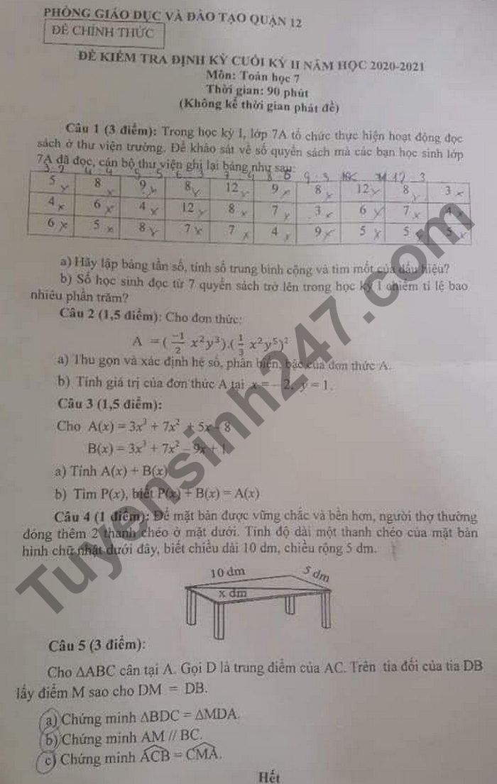 De thi hoc ki 2 mon Toan lop 7 - Quan 12 nam 2021