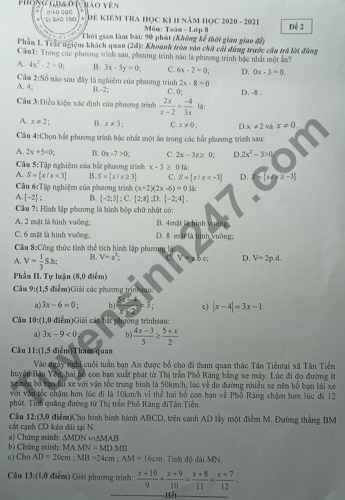 De thi hoc ki 2 lop 8 mon Toan 2021 - Phong GD Bao Yen