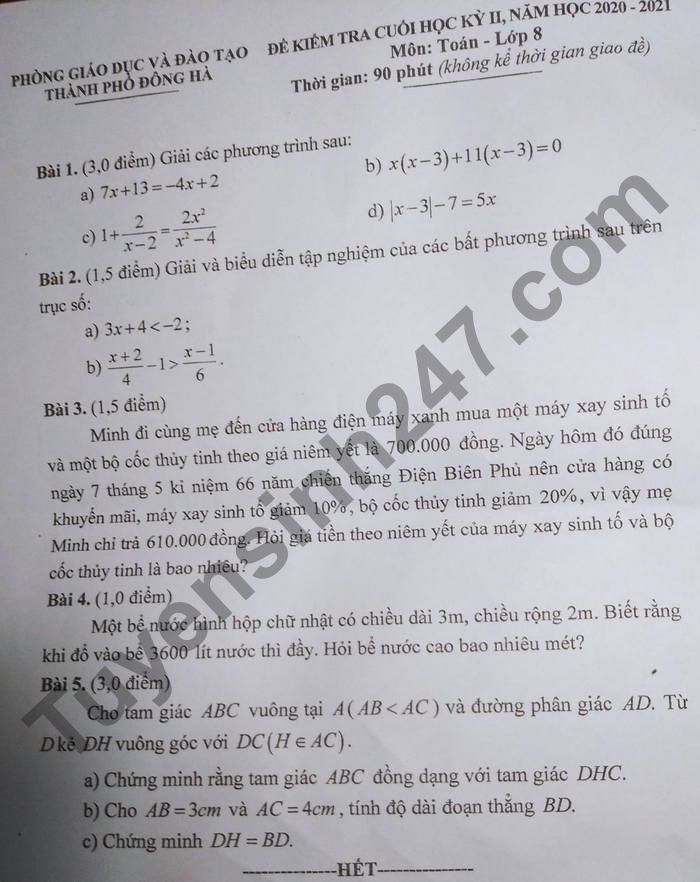 De thi hoc ki 2 nam 2021 TP Dong Ha lop 8 mon Toan