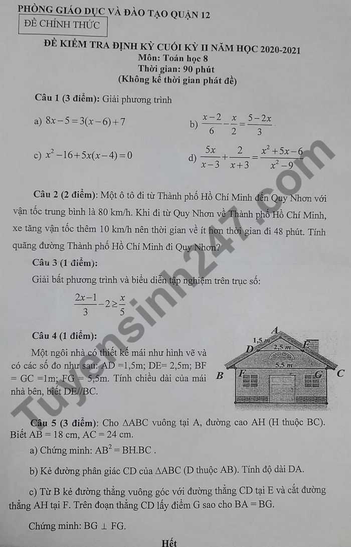 De thi cuoi ki 2 mon Toan lop 8 - Quan 12 nam 2021