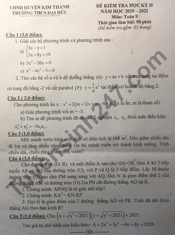 De thi hoc ki 2 mon Toan lop 9 - THCS Dai Duc 2021