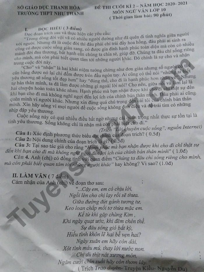 De thi cuoi ki 2 mon Van lop 10 - THPT Nhu Thanh 2021
