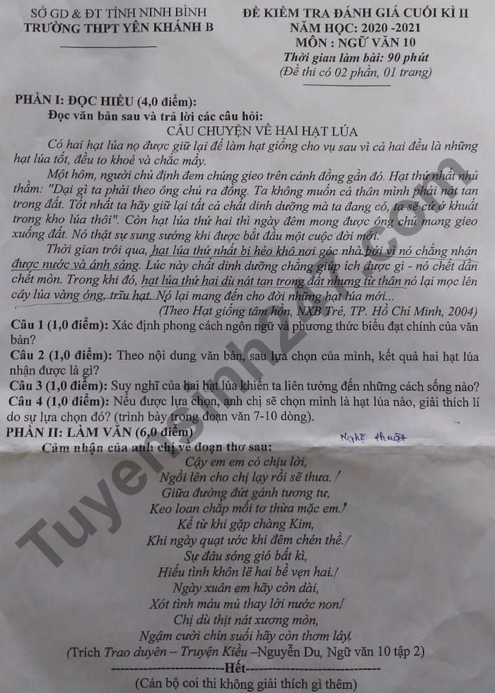 De thi hoc ki 2 mon Van lop 10 - THPT Yen Khanh B nam 2021