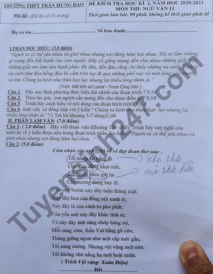 De thi hoc ki 2 mon Van lop 11 - THPT Tran Hung Dao 2021