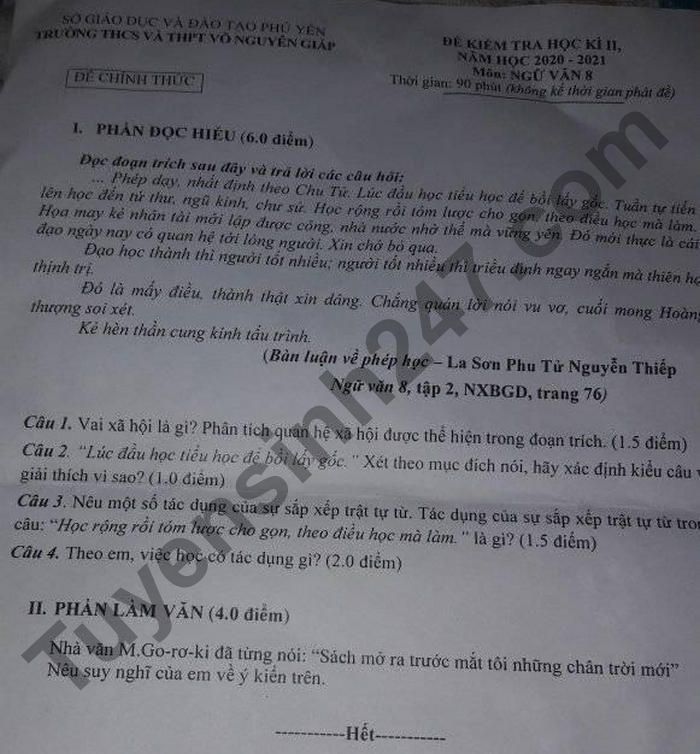 De thi ki 2 lop 8 mon Van 2021 - THCS&THPT Vo Nguyen Giap