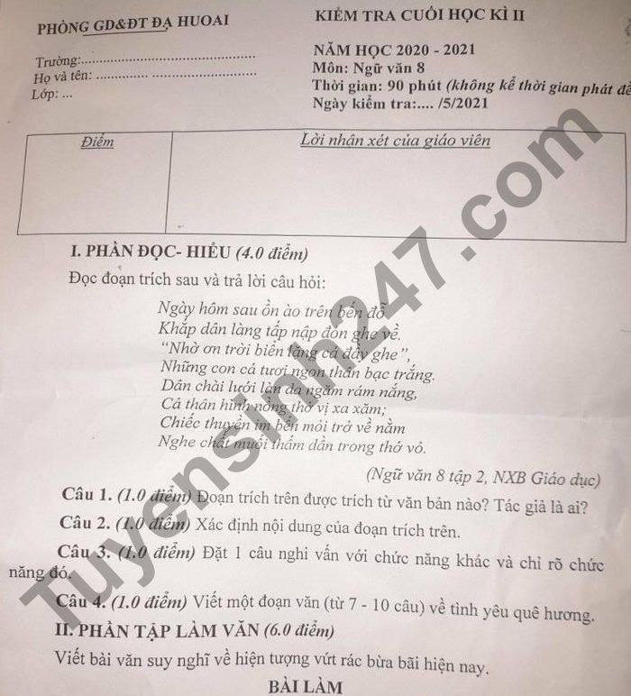 De thi hoc ki 2 mon Van lop 8 - Phong GD Da Huoai