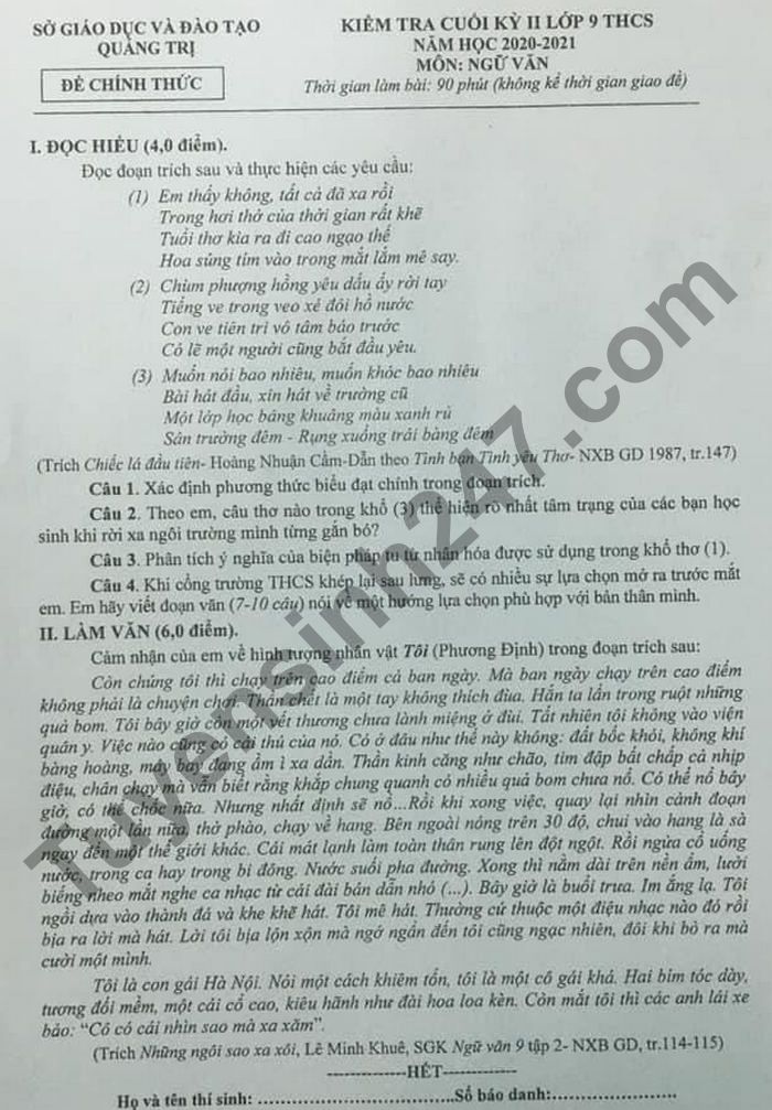 De thi hoc ki 2 lop 9 mon Van 2021 - So GD Quang Tri