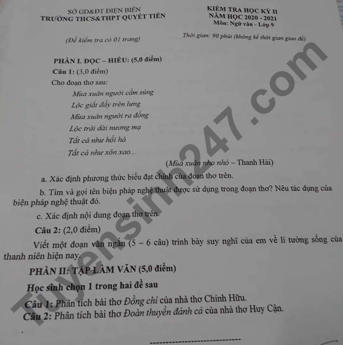De thi hoc ki 2 mon Van lop 9 - THCS&THPT Quyet Tien 2021